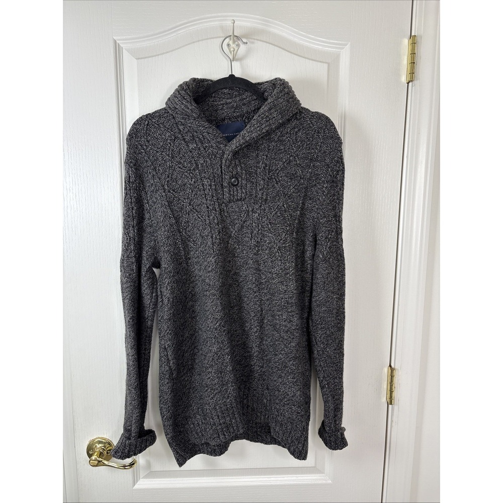 American Eagle Mens L Gray Cable Knit Shawl Collar Button Pullover Sweater Fall